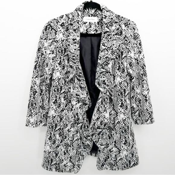 Calvin Klein Black & White Print Ruffle Front Open Jacket Blazer - Picture 1 of 6